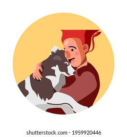 Cartoon a man hugging dog vector illustration, owner embracing with pet on the yellow circle background.