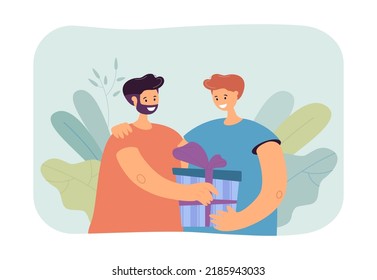 Hombre de caricatura abrazando y dando caja de regalo al marido. Feliz pareja gay sosteniendo el cumpleaños presente ilustración vectorial plana. Familia, cumpleaños, concepto de celebración para banner, diseño de sitio web o aterrizaje