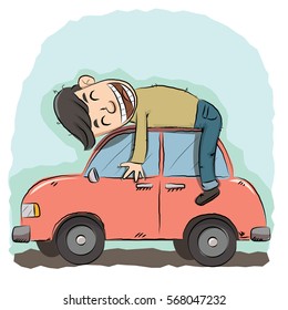 Cartoon Man Hugging His Red Car.