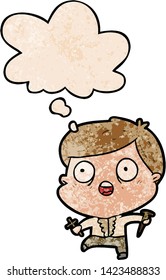 cartoon man hunting vampires with thought bubble in grunge texture style
