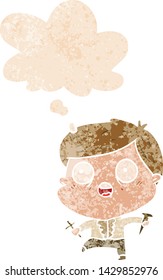 cartoon man hunting vampires with thought bubble in grunge distressed retro textured style
