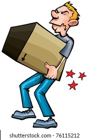 Cartoon Man Hurting His Back Picking Up A Heavy Box