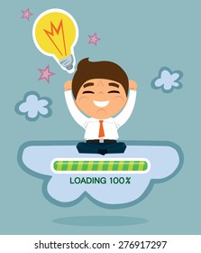 cartoon man with idea  bulb  brain on cloud loading, vector    