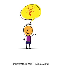 Cartoon man with idea, burning light bulb in speech bubble.