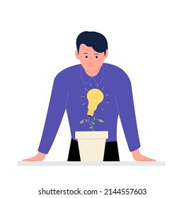 Cartoon man idea. Human thinking, genius guy grow business creative idea in flower pot. Student brain think, person and light bulb recent vector concept