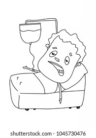 cartoon man ill on the bed  drawing 