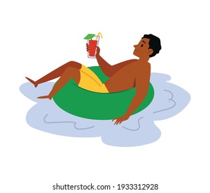 Cartoon Man In Inflatable Ring Floating In Water And Holding Glass Of Cocktail Drink - Happy African Person With Dark Skin Relaxing In Pool. Isolated Vector Illustration.