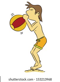 Cartoon man inflating ball on beach (vector)