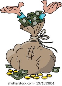 Cartoon man inside a sack full of money raising his hands happily vector illustration