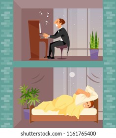 Cartoon man with insomnia. Neighbor musician plays the piano. Vector illustration