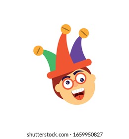 cartoon man with jester hat and crazy glasses over white background, flat style icon, vector illustration