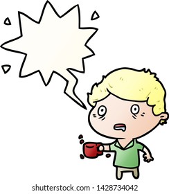 cartoon man jittery from drinking too much coffee with speech bubble in smooth gradient style