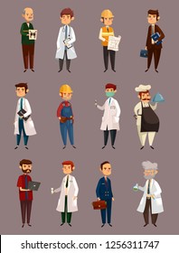 Cartoon man jobs or professions, work. Doctor and chemist, psychological and dentist, engineer and builder, dentist and radiologist, cook or chef, banker. People and employee, staff and intern theme