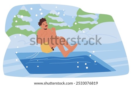 Cartoon Man Joyfully Jumping In Icy Waters During Winter With Snowy Landscape Background Showing Hardening at Cold Weather And Embracing Nature In Courageous And Fun Spirit Depicting Healthy Lifestyle