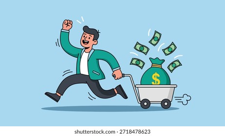 Hombre de dibujos animados corriendo alegremente, tirando de un Pequeño Carrito rebosante de una bolsa de dinero verde y billetes de dólar voladores, simbolizando la ganancia financiera.
