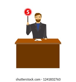 Cartoon Man Judge Jury Character Showing or Voting Hand Up Concept Element Flat Design Style. Vector illustration