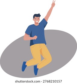 A cartoon man jumping in the air with one arm raised in a peace sign gesture on a grey oval background
