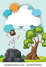 Cartoon man jumping happily near a tree