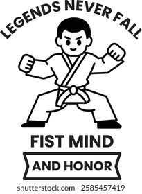 A cartoon of a man in a karate uniform with the word in the style of sign illustrations