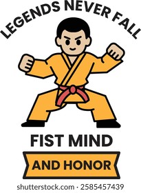 A cartoon of a man in a karate uniform with the word in the style of sign illustrations