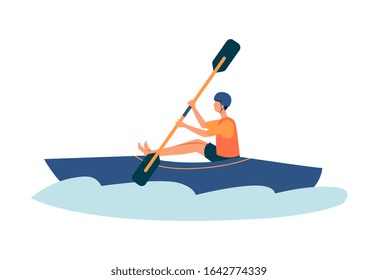 Cartoon man kayaking in river in blue kayak - isolated athlete doing extreme sport activity wearing safety vest and helmet. Flat vector illustration on white background.