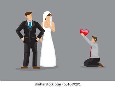 Cartoon man kneels down on floor and proposes to wedding bride. Vector illustration on concept for love triangle.