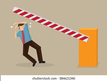 Cartoon man knocked off balance by automated bar barrier at boom gate. Vector illustration on concept for unexpected hazards and personal accidents isolated on plain background.