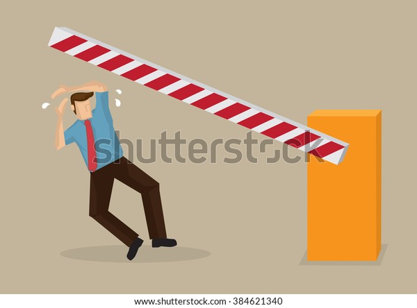 Cartoon man\
knocked off balance by automated bar barrier at boom gate. Vector\
illustration on concept for unexpected hazards and personal\
accidents isolated on plain\
background.