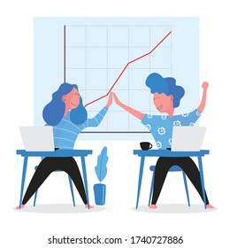 A cartoon of man and lady are working at home with computer and achieve the target