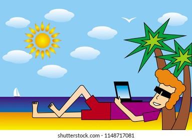 Cartoon man with laptop lies  on the beach under the palm trees. Freelancer at work. Vector picture.