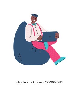 Cartoon man with laptop sitting on bean bag chair and smiling - young black teenager using computer sitting on comfortable beanbag. Flat isolated vector illustration.