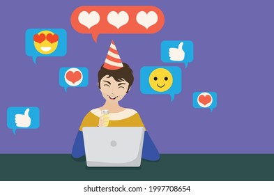 Cartoon man with a laptop wears a birthday party hat, chatting online in social media, concept illustration.
