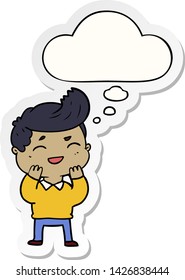 cartoon man laughing with thought bubble as a printed sticker