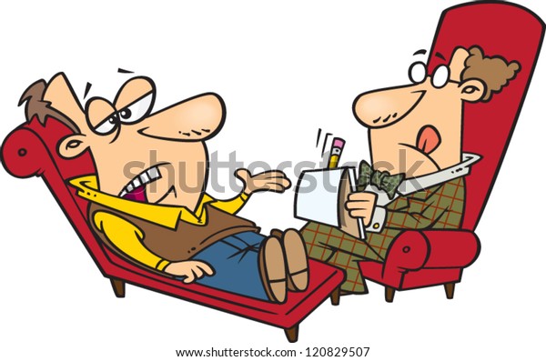 cartoon man laying on a therapists couch talking about his problems