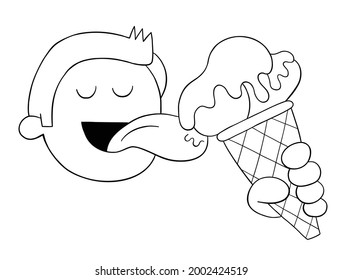 Cartoon man licks ice cream, vector illustration. Black outlined and white colored.