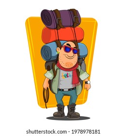 Cartoon Man Lifting Bags And Roll Mats In Standing Pose.