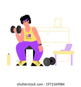 Cartoon man lifting weights - athlete doing home workout and fitness exercise in his house during quarantine. Guy holding dumbbell - vector illustration.