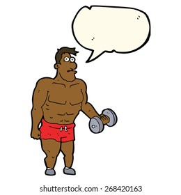 cartoon man lifting weights with speech bubble