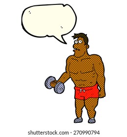 cartoon man lifting weights with speech bubble