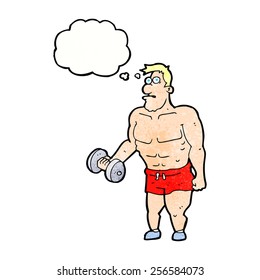 cartoon man lifting weights with thought bubble