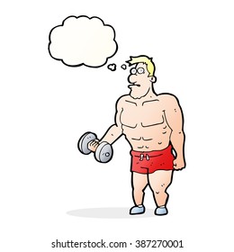 cartoon man lifting weights with thought bubble