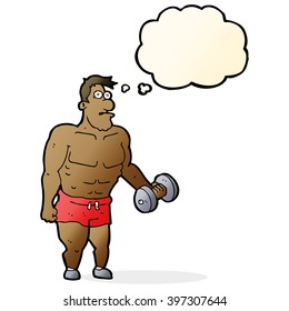 cartoon man lifting weights with thought bubble