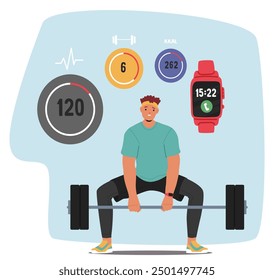 Hombre De Dibujos Animados Levantando Pesas Mientras Monitorea Las Métricas De Fitness Usando Un Reloj Inteligente Y Un App De Fitness. La Imagen De Vector Destaca Los Conceptos De Salud, Ejercicio E Integración De La Tecnología En El Seguimiento De La Aptitud