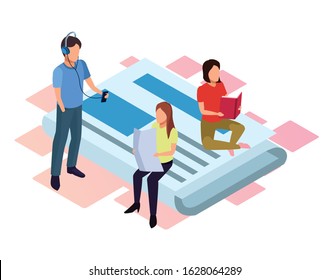 cartoon man listening music and women reading sitting on big newspaper over white background, isometric and colorful design, vector illustration