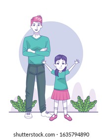 cartoon man with little girl standing over white background, colorful design