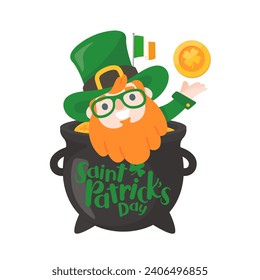 Cartoon man with long beard drinking beer celebrates St. Patrick's Day.
