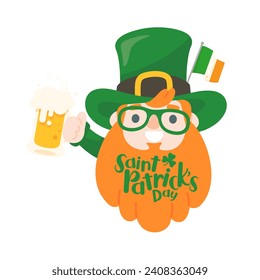 Cartoon man with long beard drinking beer celebrates St. Patrick's Day.