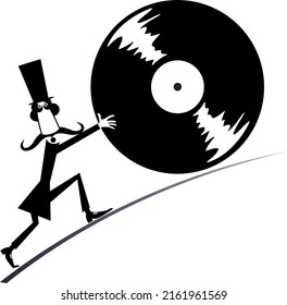 Cartoon man with long play record concept.
Funny long mustache person in the top hat pushing big vinyl record. Black on white background
