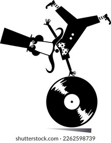 Cartoon man with long play record concept. 
Funny long mustache person in the top hat balances legs up on vinyl record. Black on white background
