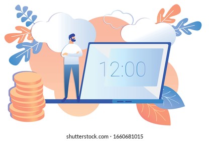 Cartoon Man Look at Notebook Screen Twelve Oclock Midday Time Vector Illustration. Money Coin Stack Financial Work Efficiency Concept. Business Productivity Time Management Planning